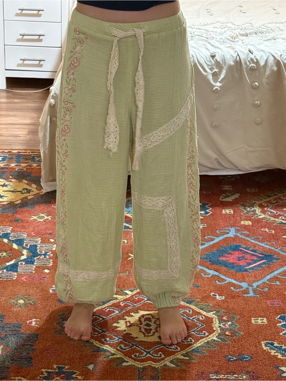 Light Sage Embroidered Drawstring Joggers